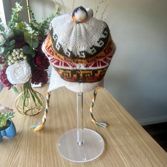 PERU Cusco Llama Reversible Wool Alpaca HANDMADE Beanie Tassel Inca Maya Aztec - Picture 6 of 15